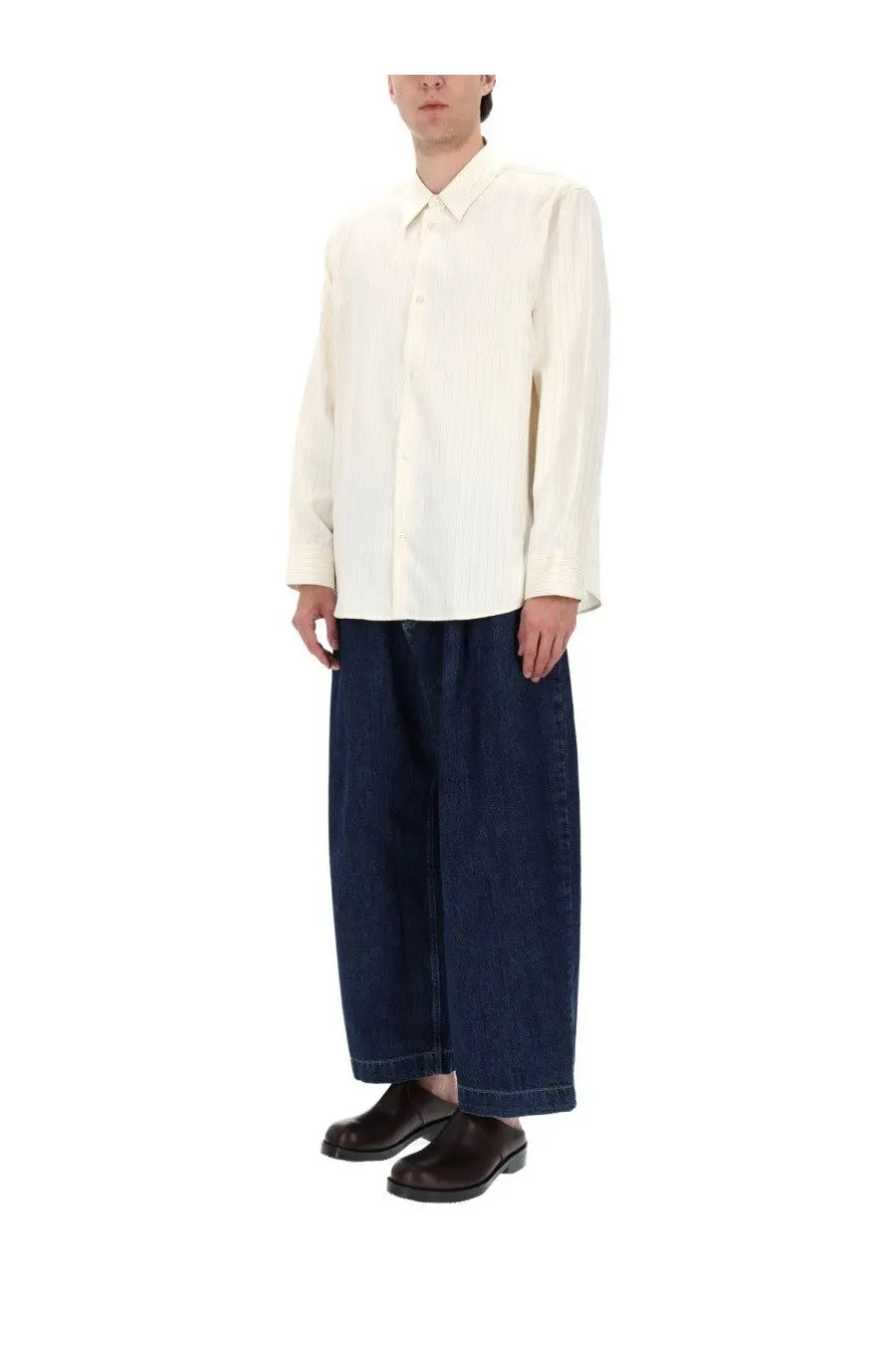 Studio Nicholson men’s view shirt white cream long-sleeved button-up with relaxed fit and subtle collar pleats