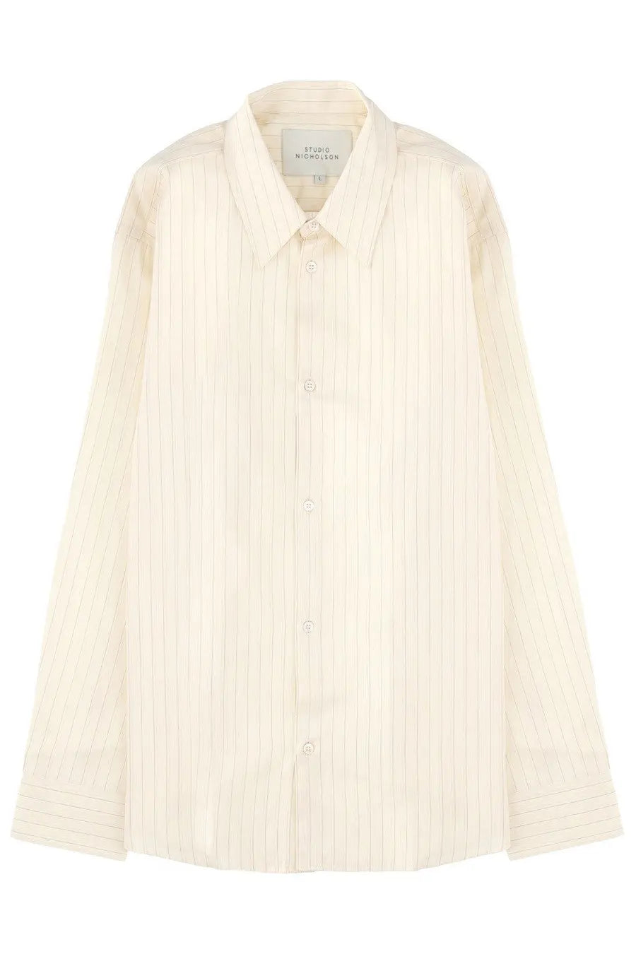 Studio Nicholson men’s view shirt white cream-colored vertically striped lightweight textured button-down shirt