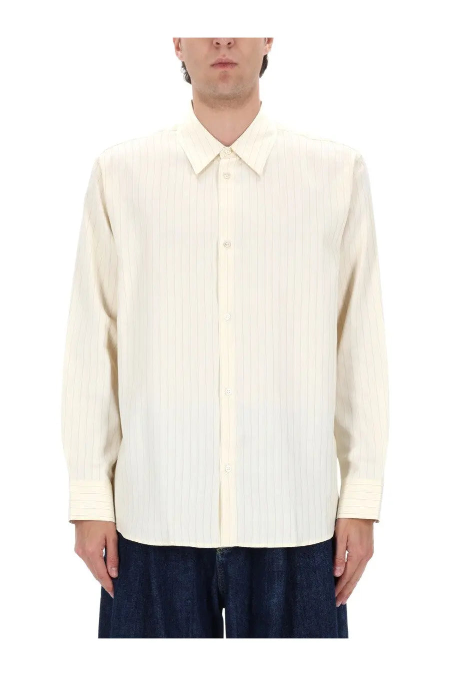 Studio nicholson men’s view shirt cream ribbed long-sleeve button-down shirt in soft fabric for casual wear