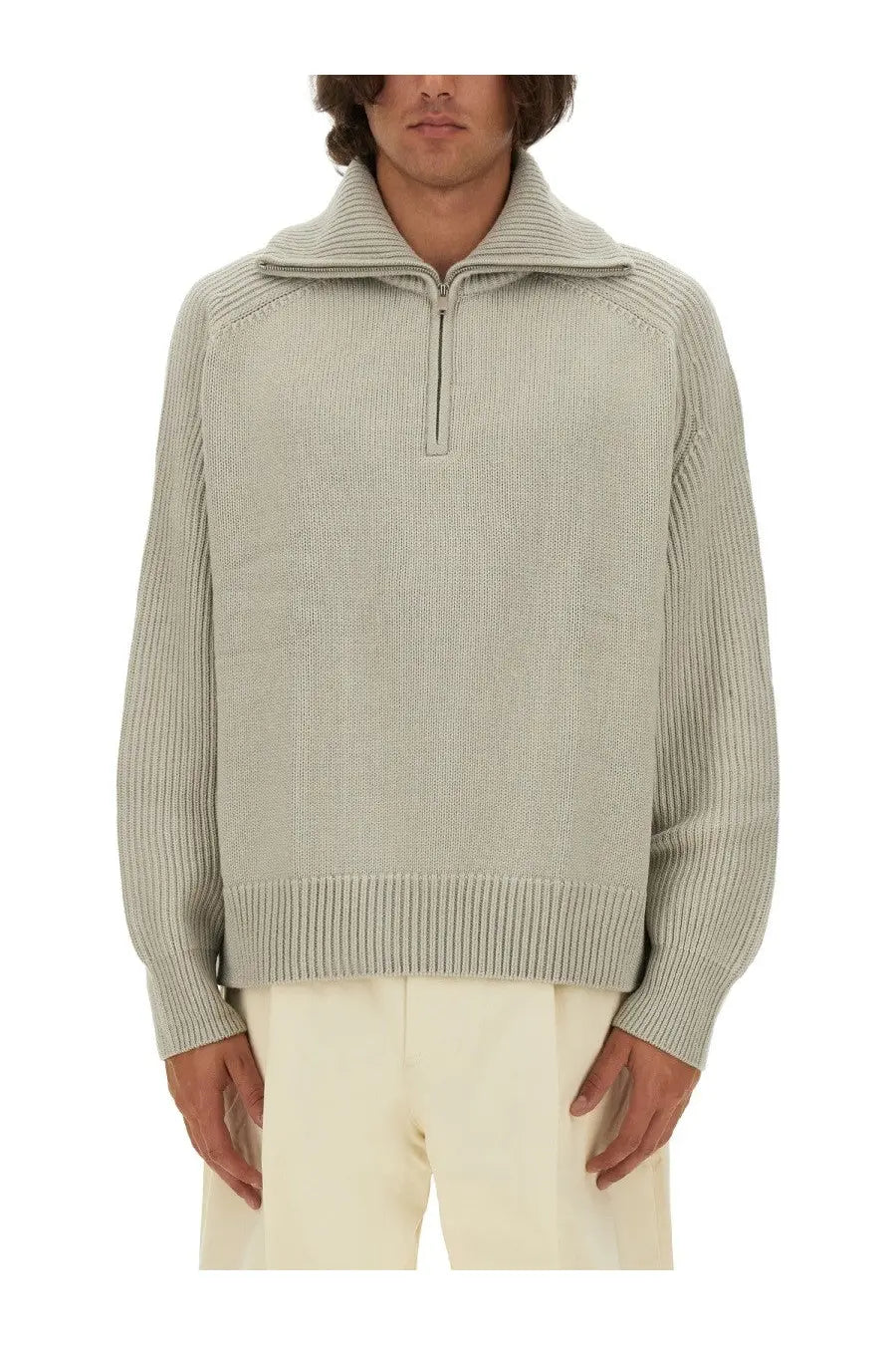 Studio nicholson men’s wool jersey beige light gray ribbed knit sweater with half-zip collar and textured shoulder panels
