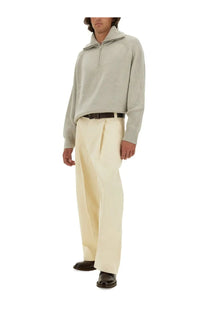 Studio Nicholson men’s wool jersey beige light gray ribbed knit half-zip sweater with structured collar