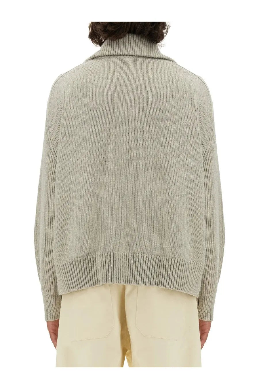 Studio nicholson men’s wool jersey beige soft light gray knitted turtleneck sweater with ribbed hem and cuffs