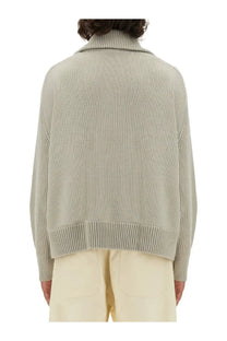 Studio nicholson men’s wool jersey beige soft light gray knitted turtleneck sweater with ribbed hem and cuffs