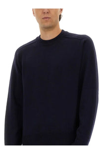 Navy blue crewneck wool jersey sweater with ribbed cuffs and hem from Studio Nicholson menswear collection