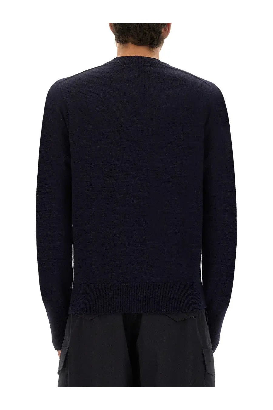Studio nicholson men’s wool jersey blue navy knit sweater with ribbed cuffs and hem for casual wear