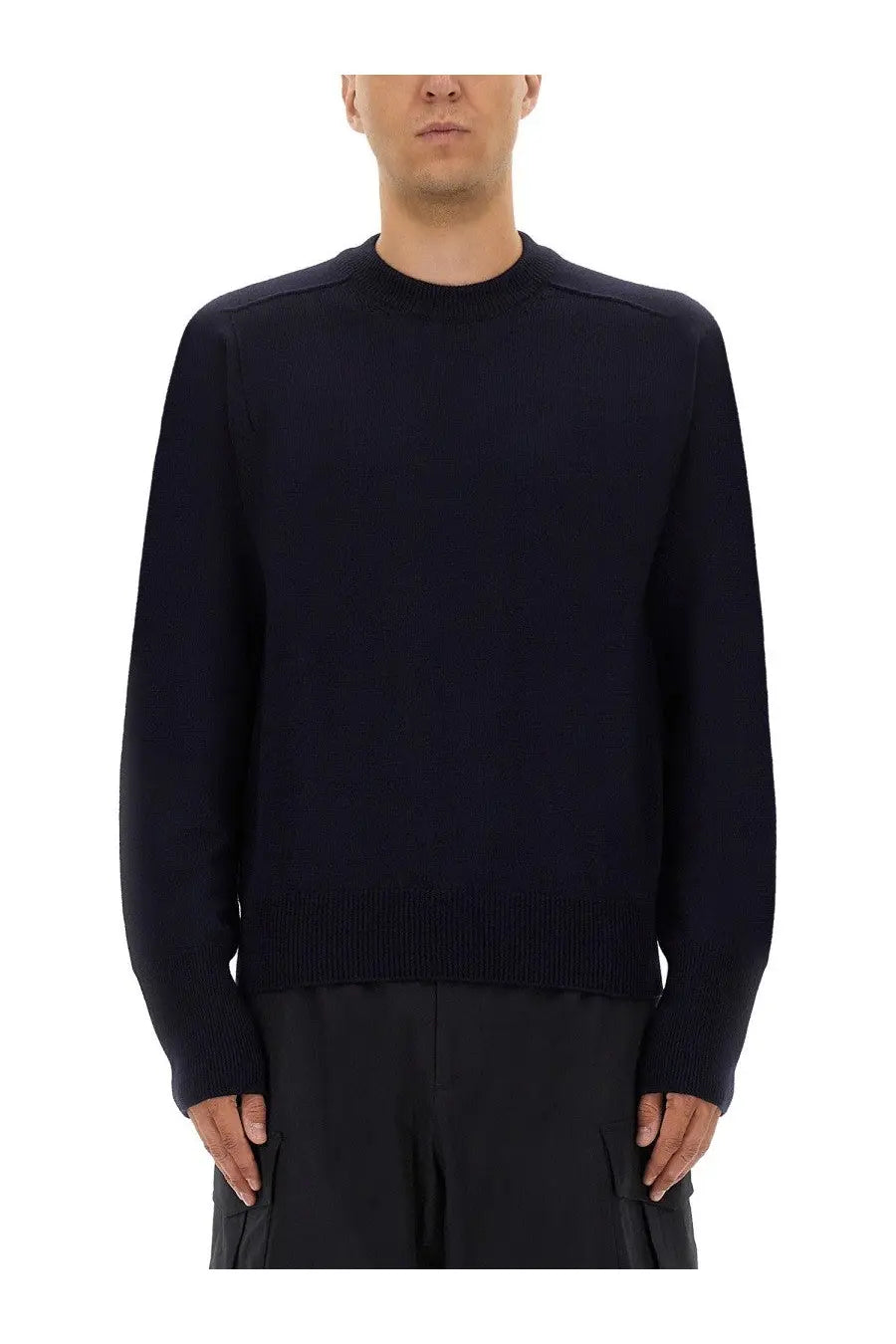 Studio Nicholson men’s wool jersey blue knit sweater in navy with ribbed hem and cuffs for comfortable layering