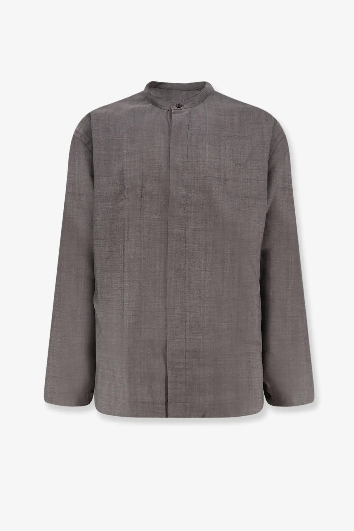 Studio Nicholson men’s grey wool shirt with a subtle textured weave and a stand-up collar in gray linen jacket style