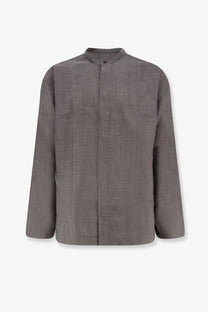 Studio Nicholson men’s grey wool shirt with a subtle textured weave and a stand-up collar in gray linen jacket style