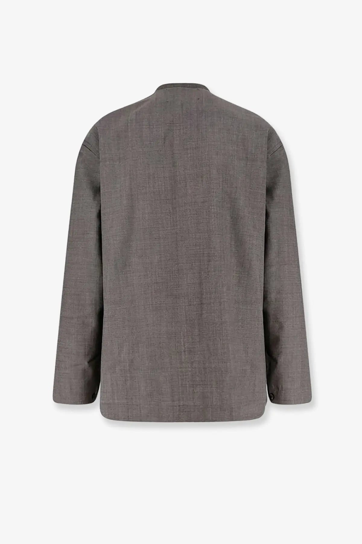 Studio nicholson men’s grey wool shirt with a stand-up collar and subtle woven pattern in textured linen fabric