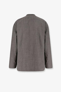 Studio nicholson men’s grey wool shirt with a stand-up collar and subtle woven pattern in textured linen fabric