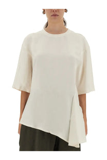Studio Nicholson women’s asymmetrical vichy shirt white off-white silk blouse with relaxed fit short flutter sleeves