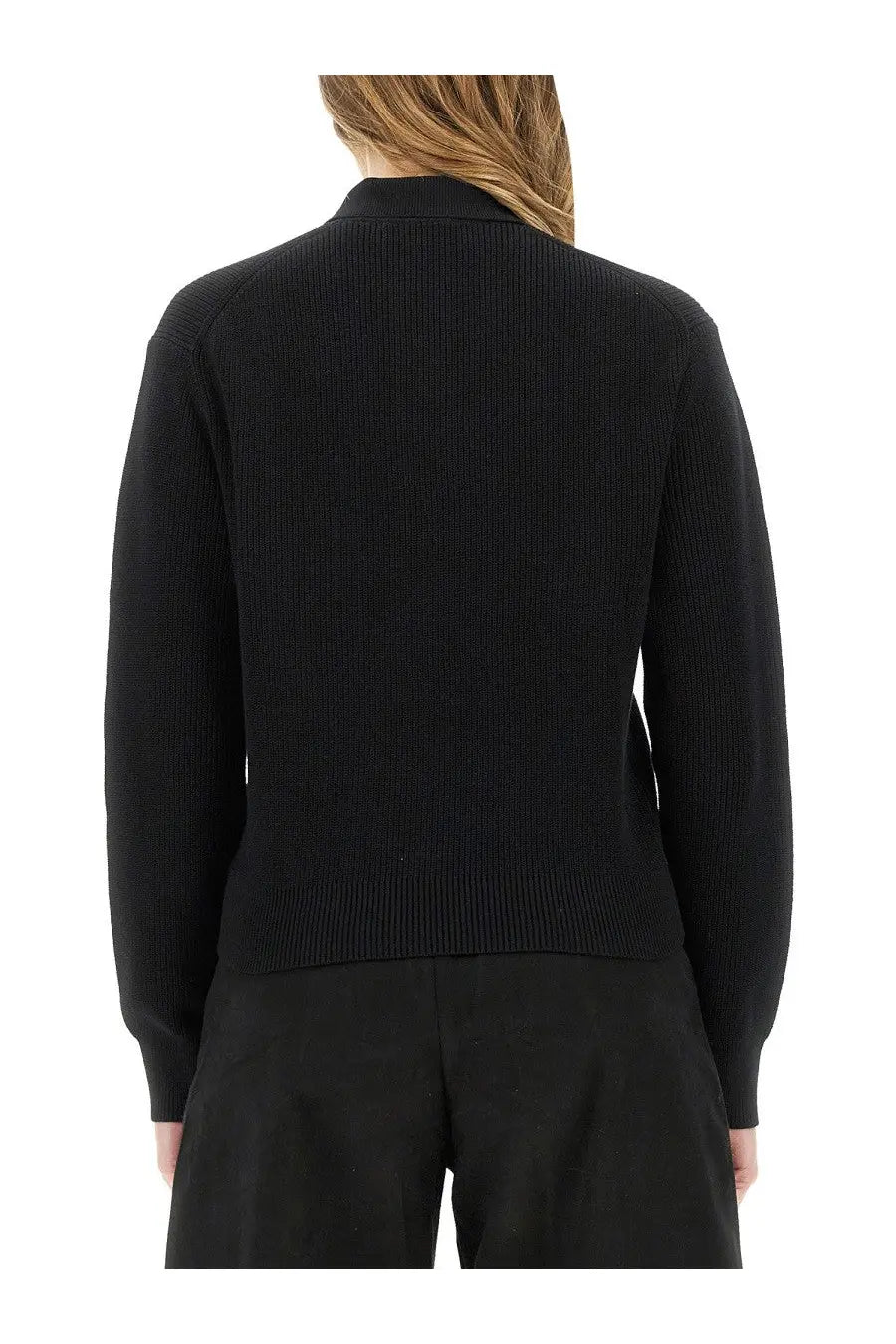 Studio nicholson women’s black ribbed knit cardigan with collar and long sleeves in a soft knit fabric