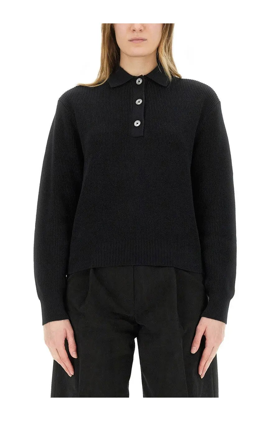 Studio nicholson women’s black ribbed knit polo sweater with silver buttons made from soft knit fabric