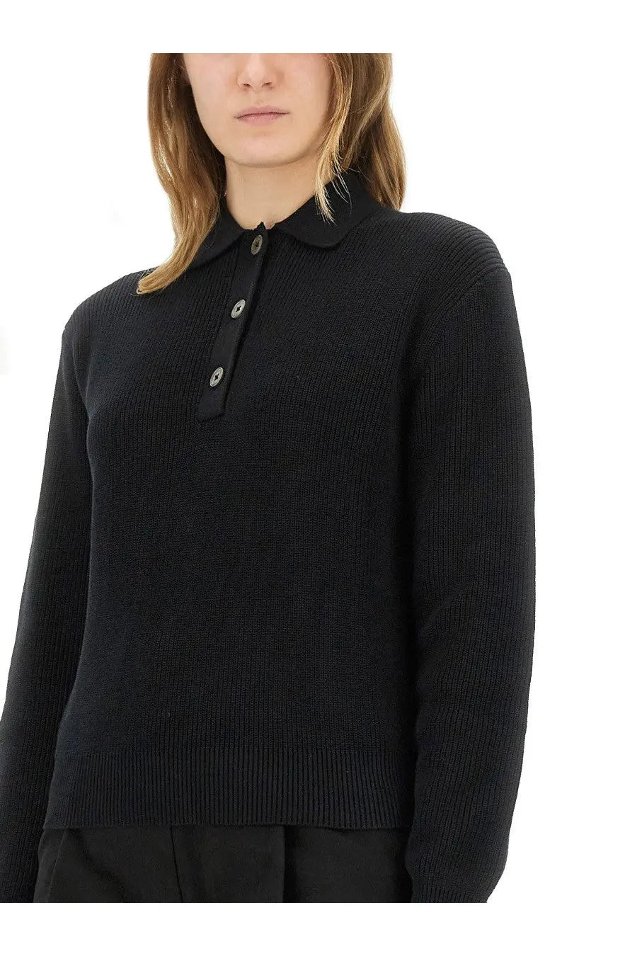 Studio Nicholson women’s Chesapeake knit polo shirt in black ribbed knit with classic collar and silver-toned buttons