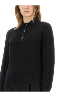 Studio Nicholson women’s Chesapeake knit polo shirt in black ribbed knit with classic collar and silver-toned buttons