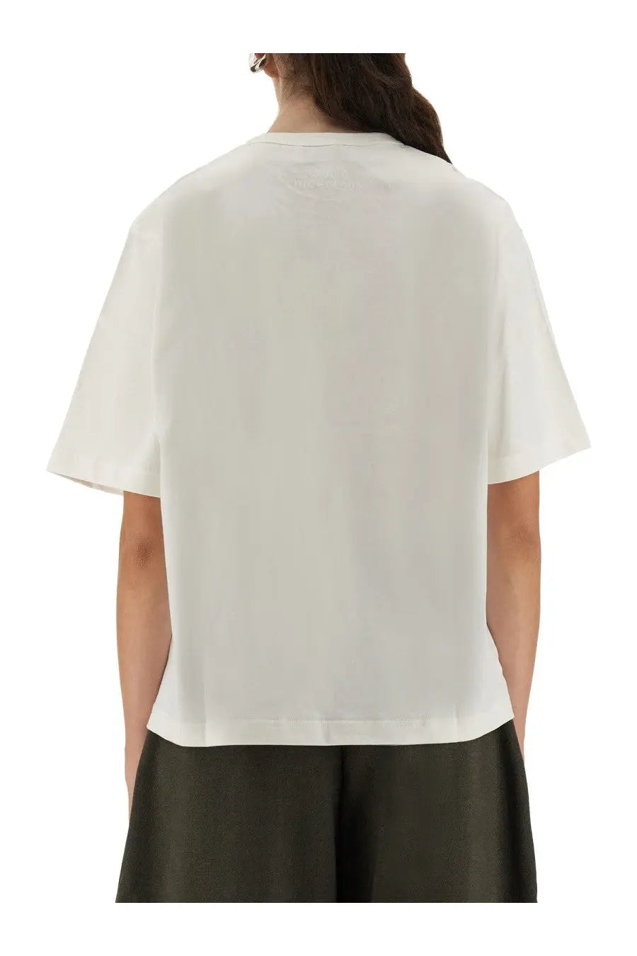 Studio Nicholson women’s white cotton shirt loose fitting short sleeved with simple crew neckline visible from front