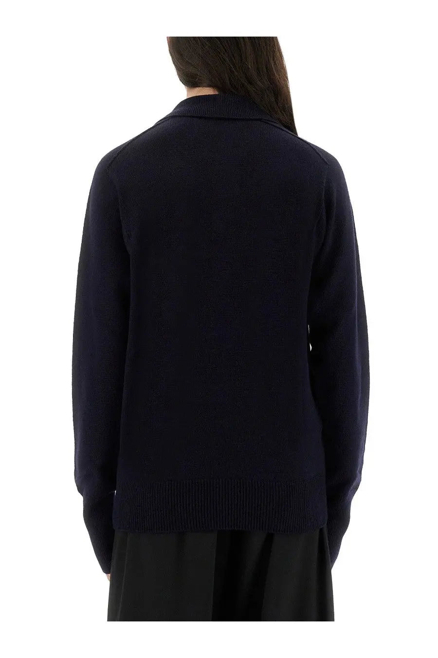 Navy blue knit cardigan with ribbed cuffs and hem in Studio Nicholson Women’s Inverness Shirt blue design