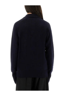 Navy blue knit cardigan with ribbed cuffs and hem in Studio Nicholson Women’s Inverness Shirt blue design