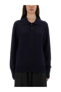 Studio Nicholson women’s Inverness shirt blue navy blue knit polo sweater with ribbed cuffs and hem front view