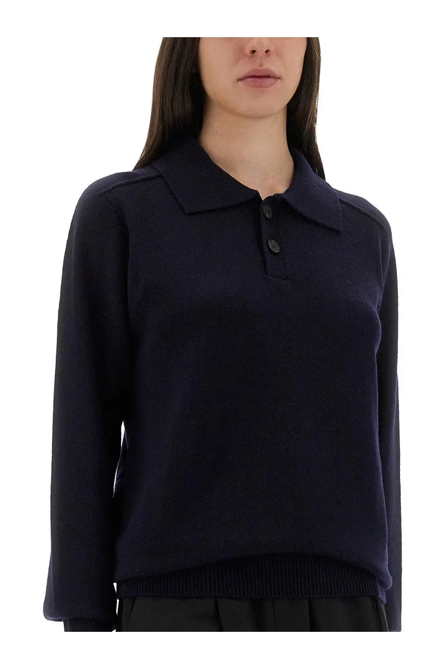 Studio Nicholson women’s Inverness shirt blue navy knit polo sweater with classic collar and two-button placket