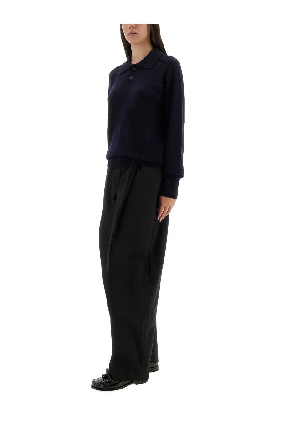 Studio Nicholson women’s Inverness shirt blue navy long-sleeved polo sweater with classic collar and button closure