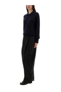 Studio Nicholson women’s Inverness shirt blue navy long-sleeved polo sweater with classic collar and button closure