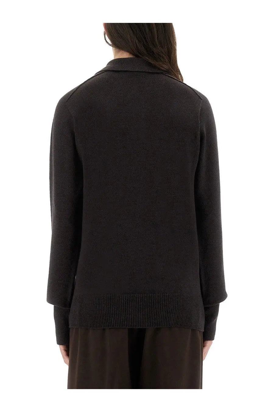 Black knitted cardigan with ribbed cuffs and hem shown from the back in studio nicholson women’s inverness shirt brown product