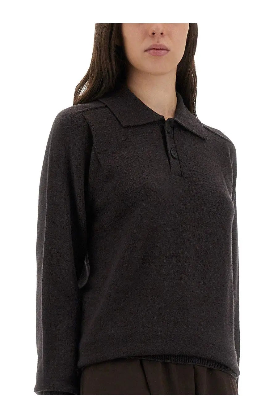Studio Nicholson women’s Inverness shirt brown long-sleeved knit polo with classic collar and button placket