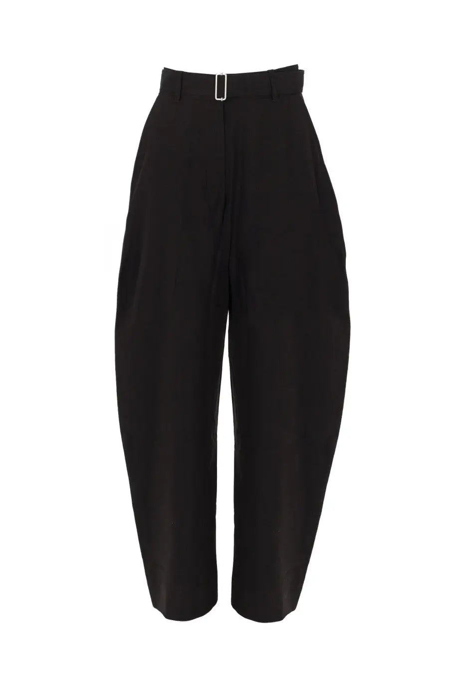 Studio nicholson women’s black high-waisted trousers with sleek tapered silhouette and silver buckle at waistband