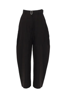 Studio nicholson women’s black high-waisted trousers with sleek tapered silhouette and silver buckle at waistband