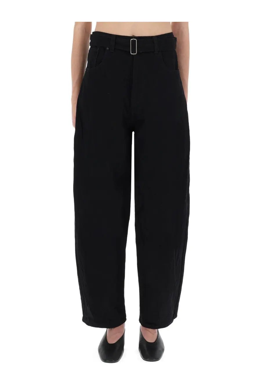 Studio Nicholson women’s black high-waisted wide-leg pants with matching belt and silver-toned buckle