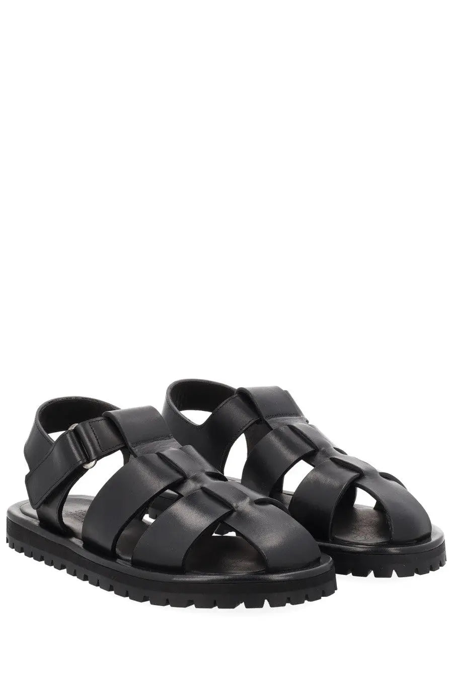 Studio nicholson women’s black leather sandals with woven strap design and chunky rubber sole