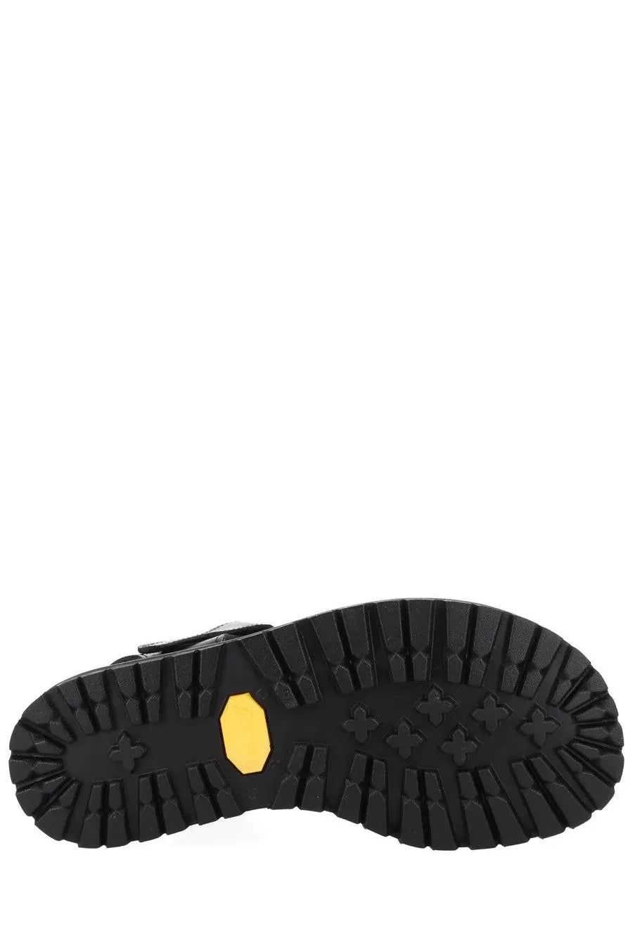 Studio nicholson women’s sandalo sandom black with black rubber sole yellow hexagonal vibram logo and cross tread pattern