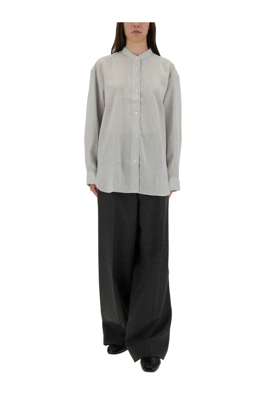 Studio Nicholson women’s shirt dilys white is a light gray vertically striped button-up with classic collar and long sleeves