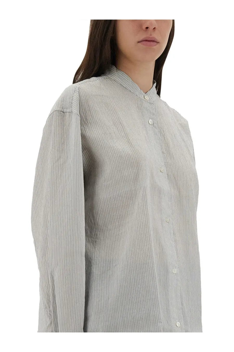 Studio Nicholson women’s shirt Dilys white featuring a light gray and white vertically striped button-up design with texture