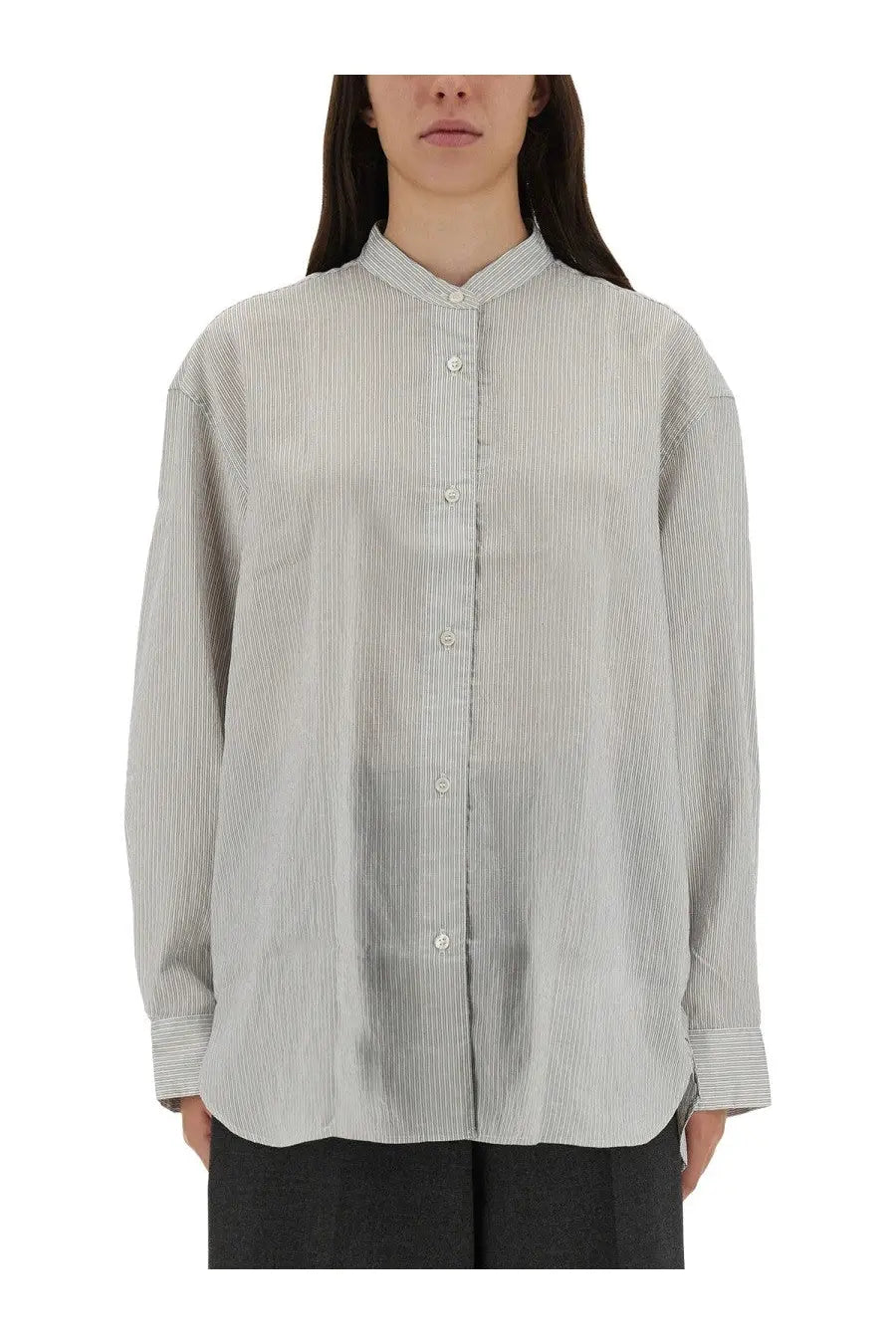 Studio Nicholson women’s shirt Dilys white loose-fitting light gray and white striped button-up with mandarin collar
