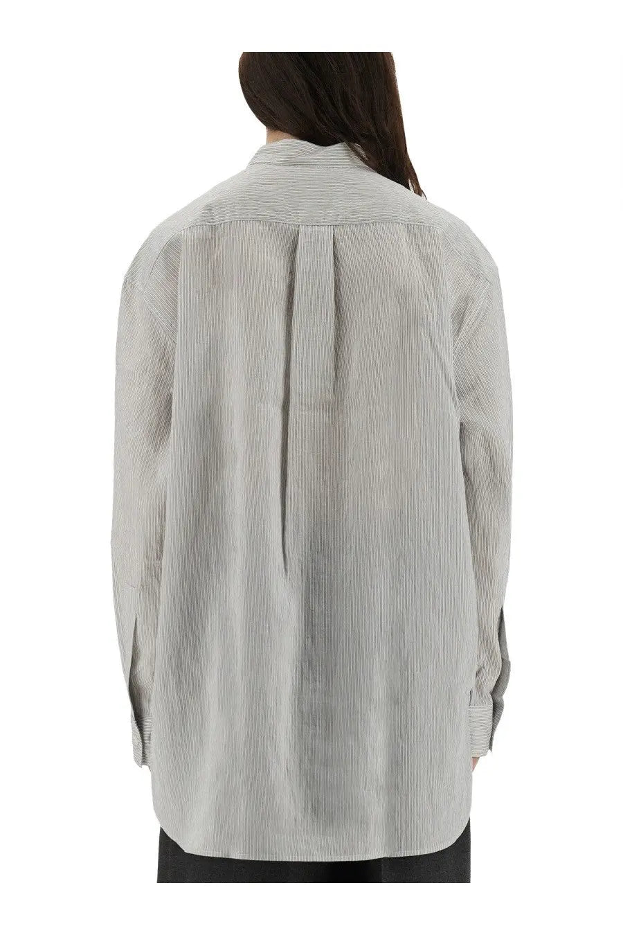 Studio Nicholson women’s shirt Dilys white loose-fitting light gray and white striped corduroy with classic collar