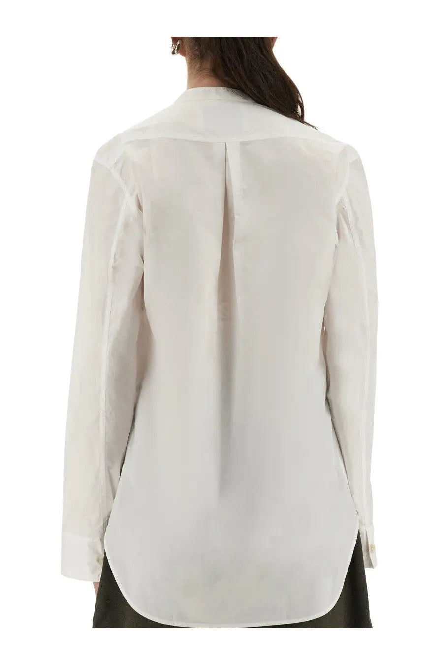 Studio nicholson women’s white button-down blouse with classic collar and subtle back pleating shown from the back