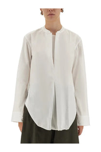Studio Nicholson women’s white long-sleeved blouse with high collar and front pleats ideal for formal wear
