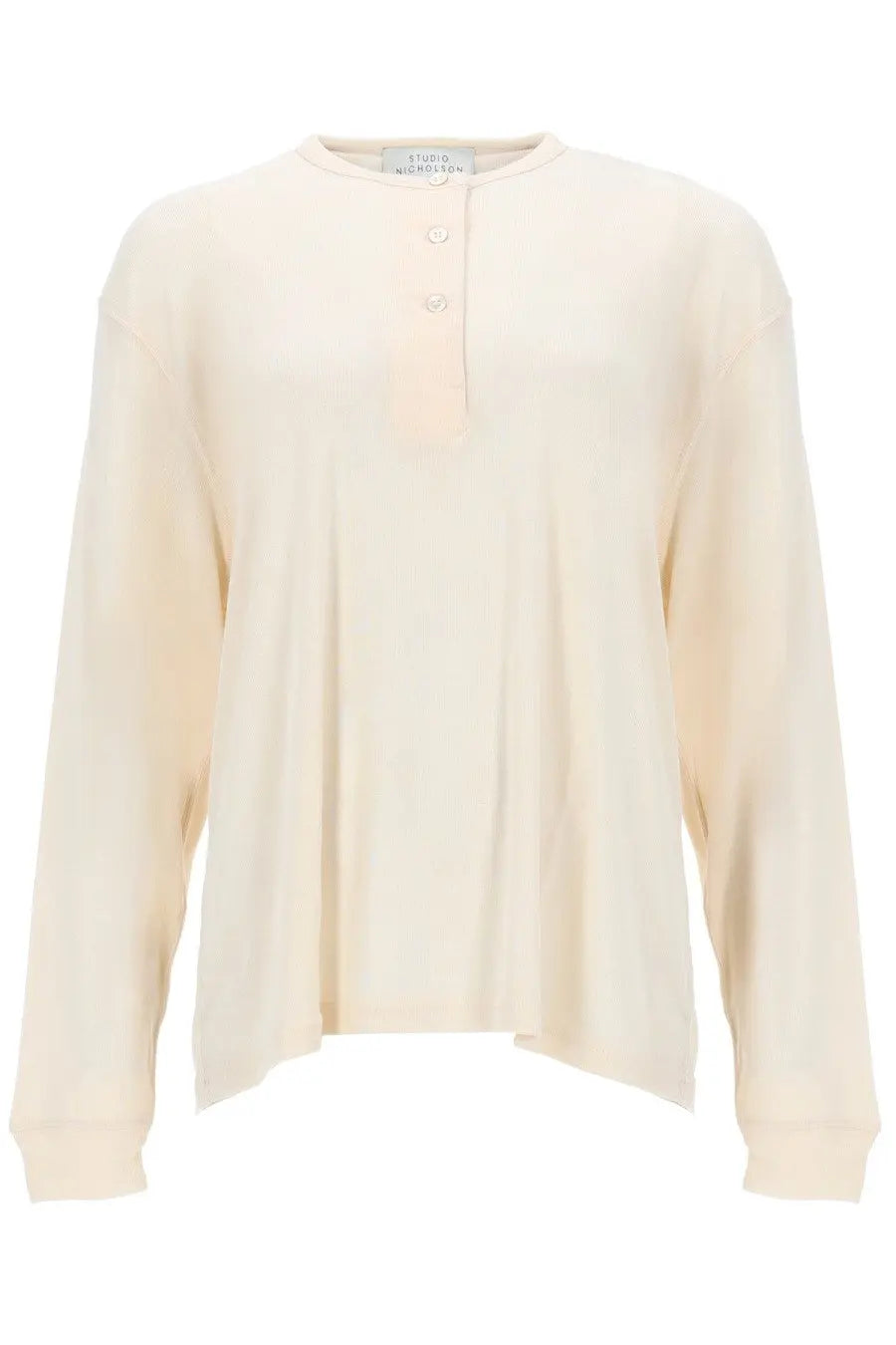 Studio Nicholson womens cream long sleeved henley top with soft flowing fabric and subtle front pleats