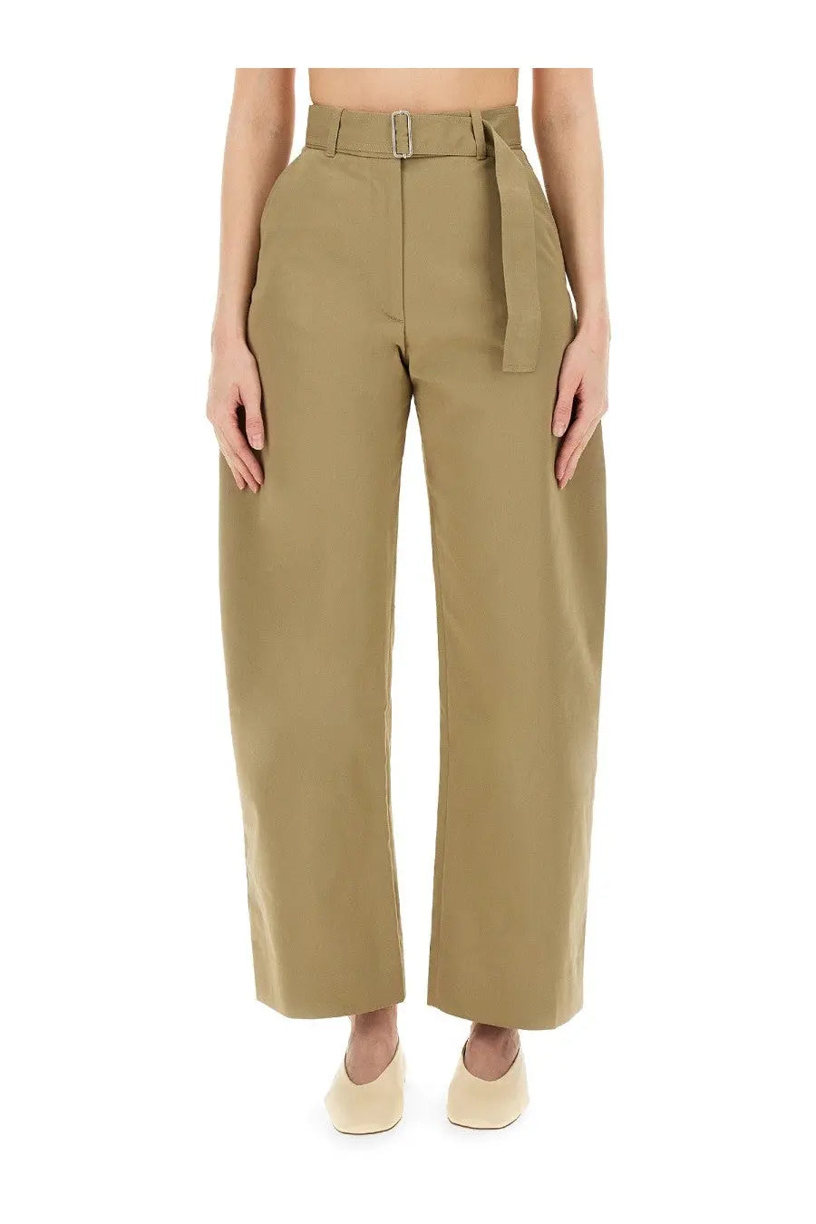 Studio Nicholson women’s beige twill high-waisted wide-leg trousers with matching belt and buckle