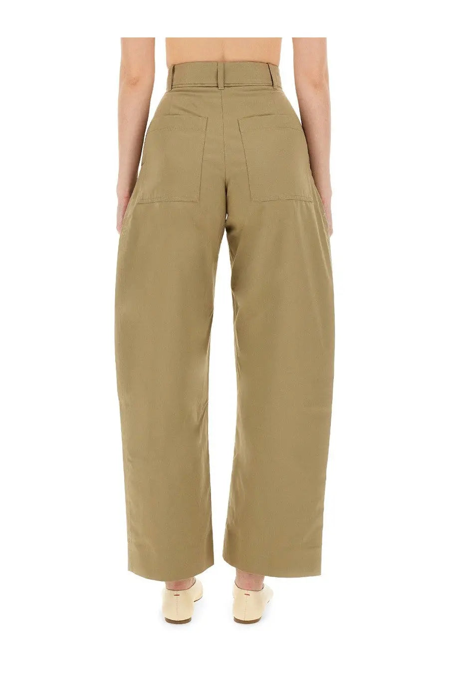 Studio Nicholson women’s beige twill khaki high-waisted wide-leg trousers with structured belt and two front pockets
