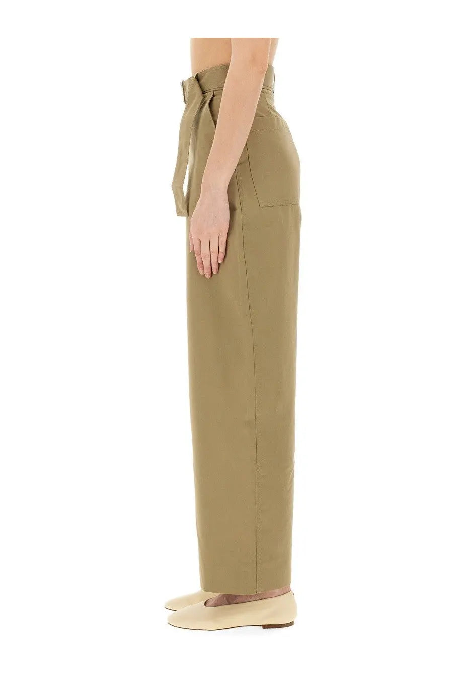 Studio Nicholson women’s beige twill doring pants with khaki wide legs self-tie waistband and front pockets