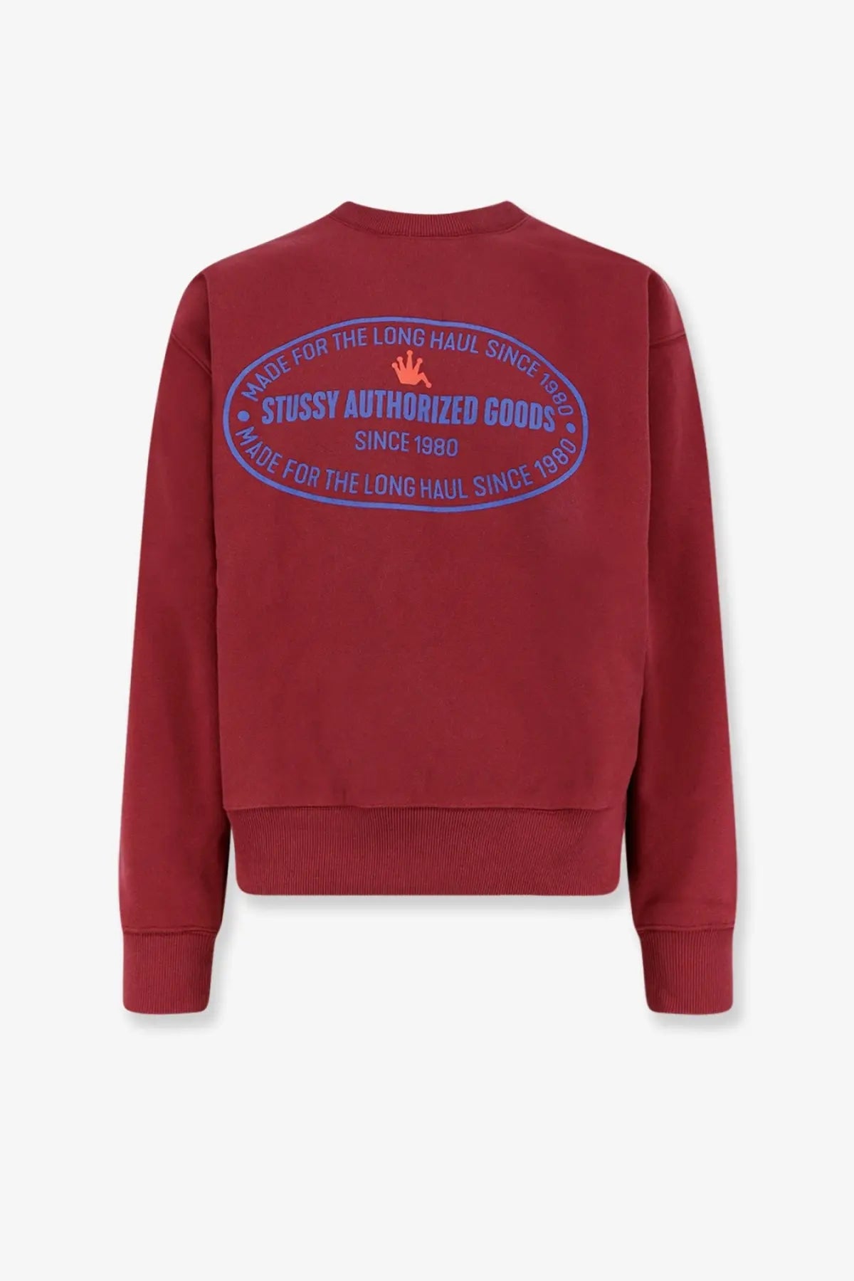 Red stussy men’s authorized crew cotton blend sweatshirt back side with blue and orange embroidered logo in red