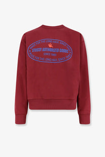 Red stussy men’s authorized crew cotton blend sweatshirt back side with blue and orange embroidered logo in red