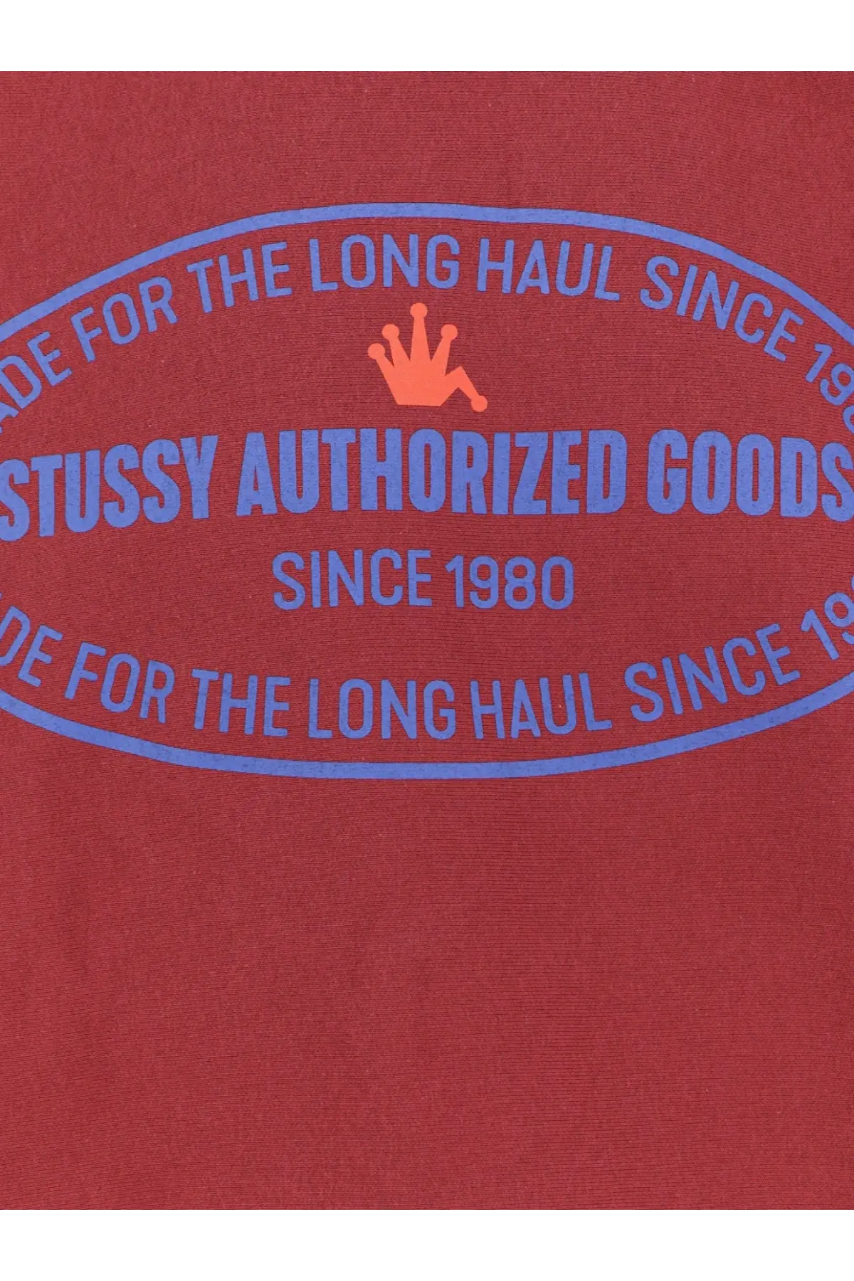 Stussy men’s authorized crew cotton blend sweatshirt red with blue oval made for the long haul graphic and orange crown logo