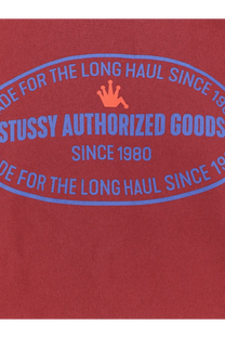 Stussy men’s authorized crew cotton blend sweatshirt red with blue oval made for the long haul graphic and orange crown logo