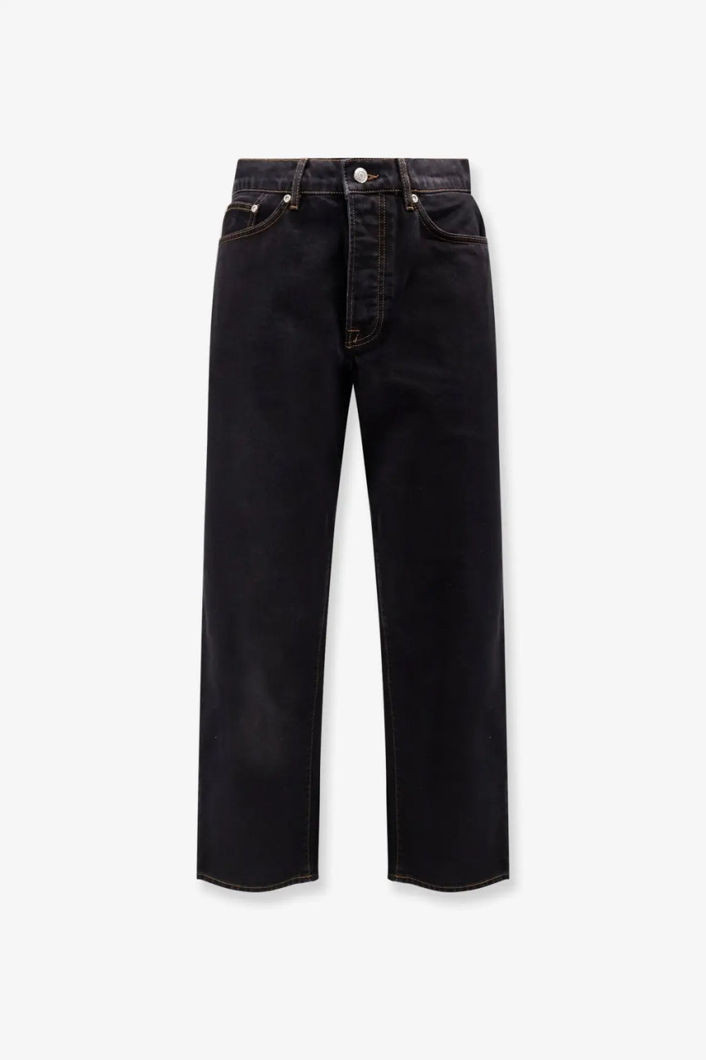 Stussy men’s classic black denim jeans with straight-leg fit white stitching and five-pocket design