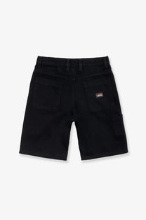Back side of stussy men’s cotton bermuda shorts black showing black cargo shorts with sturdy fabric and brand patch