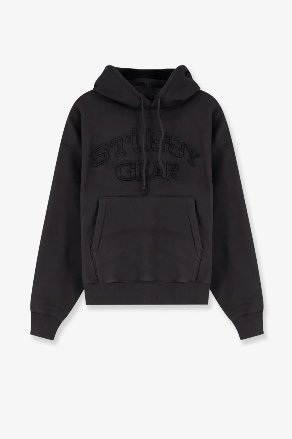 Black stussy men’s cotton blend hoodie with embossed logo and front pocket for casual wear